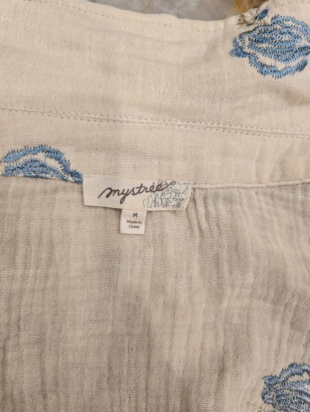 cotton double gauze cropped jacket Blue Embroidered Flowers Raw edge Hem M - Picture 3 of 6